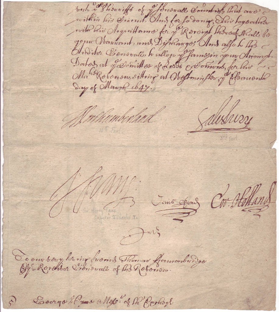 VANE, HENRY. Fragment of a Document Signed, HVane,